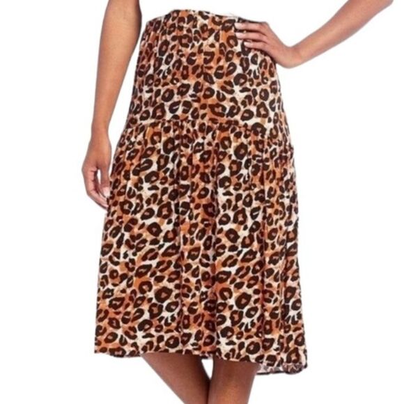Intro. Brown and Black Leopard Print Boho Chic High Low Plus Size Midi Skirt - Picture 15 of 16